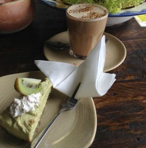 Raw Key Lime Pie, Soy Chai Latte at Kunara Organic Natural Food Store and Cafe in Sunshine Coast