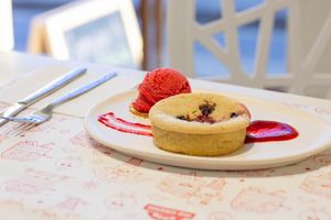It´s a frangipani pie, vegan option,  with home made almond flour red fruits, and artisan vegan ice cream. I Love it. at Mz Pastry Lab in Cuenca