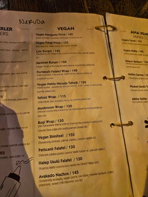 Clearly marked vegan menu at Neruda Pub  in Istanbul