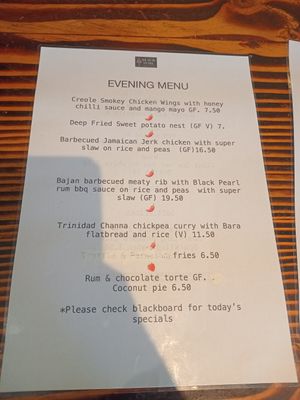 Menue at Black Pearl Creole Kitchen in Gairloch