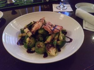 Gardein "chicken" and brussles at Triple George Grill in Las Vegas