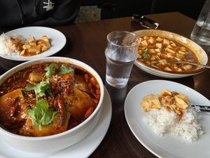 Mapu tofu and szechuan soup with tofu and veggies.  at Eat East in Stockholm