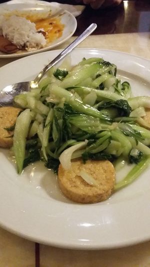Stir-fried pak choi with tofu and garlic at Eat East in Stockholm