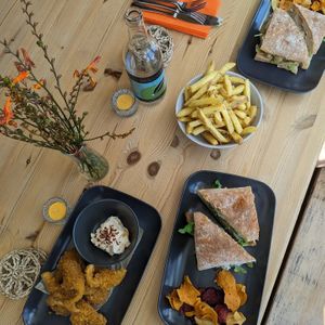 Mushroom wings, nori battered banana blossom at Orange Cafe Bar in Mousehole