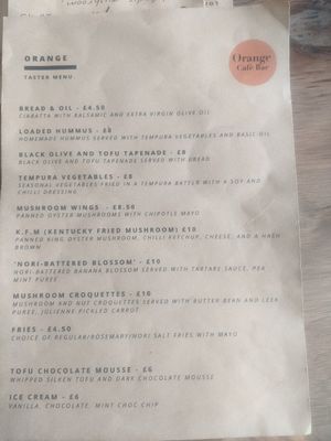 Menu (summer 23) at Orange Cafe Bar in Mousehole