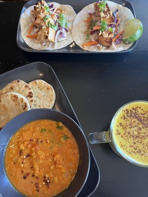 Tofu tacos, soup of the day (dhal), turmeric latte   at Orange Cafe Bar in Mousehole