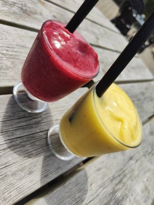 Mango/kiwi and strawberry/raspberry smoothies at Orange Cafe Bar in Mousehole