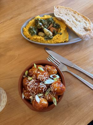 Hummus and bang bang cauliflower   at Orange Cafe Bar in Mousehole