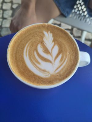 Decaf cappuccino with oat milk at The Capsule Cafe in Ericeira