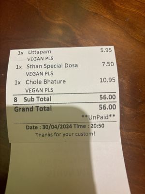 Receipt   at Sthan M1 in Manchester