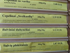 Two vegan options pictured here, ingredients listed under each selection. Menu seemed to have dairy and other notable ingredients in bold. at Bulve (Potato) in Gargzdai