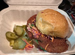 Fried chicken sandwich. Very dry, barely had any mayo. Just a few lifeless pickle slices on the side    at Cleveland Vegan in Lakewood