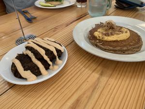 Lentil sausage patty (left), half order of pumpkin roll pancake (right)  at Cleveland Vegan in Lakewood