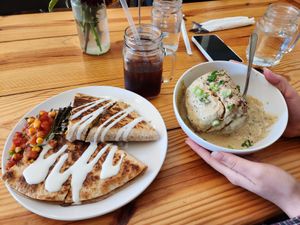 Breakfast Quesadilla, Biscuits and Gravy, and a Cold Brew at Cleveland Vegan in Lakewood