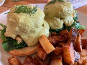 Crab cakes with hollandaise sauce at Cleveland Vegan in Lakewood