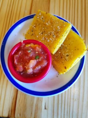 Garlic bread with tomato bruschetta (Esselstyn's 5 course oil-free dinner) at Cleveland Vegan in Lakewood