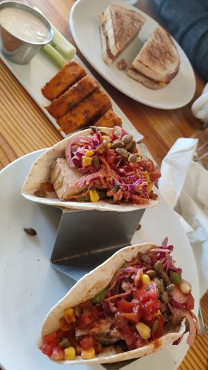 Tofu tacos and buffalo wings plus a peek at my husbands provolone Tempe grilled cheese at Cleveland Vegan in Lakewood