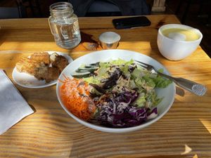 Chix salad, tofu side, golden milk (and sides to go not pictured )  at Cleveland Vegan in Lakewood