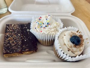 Buckeye, GF vanilla cupcake, and a blueberry pancake cupcake that I will cherish forever. All 12/10 but especially that blueberrry one  at Cleveland Vegan in Lakewood