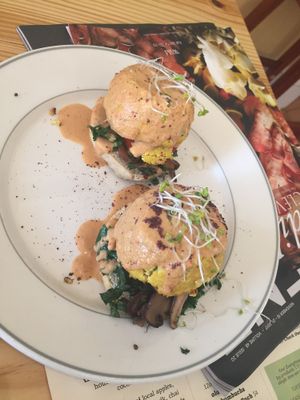 Creamy shiitake Benedict’s  at Cleveland Vegan in Lakewood