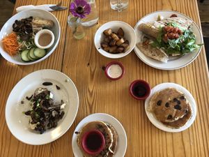 Noodle bowl, mushroom toast, breakfast quesadilla & choc chip pancakes  at Cleveland Vegan in Lakewood