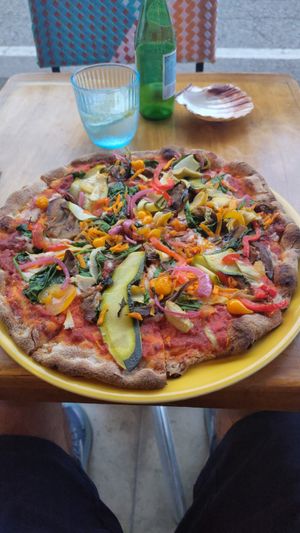 Amazing pizza with not too much cheese on it at El Fogon de Villacarriedo in Villacarriedo