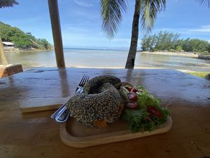 Meritorious attempt at a bagel. Terrific toppings. at Orion Cafe in Koh Phangan