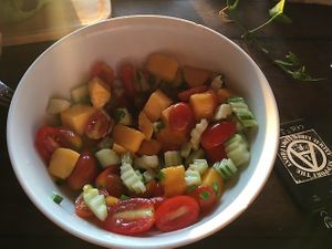 Mango cucumber tomato spring onion Salad   at Orion Cafe in Koh Phangan