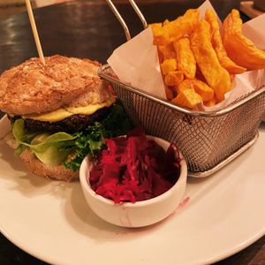 Mushroom burger with sweet potato friess  at Orion Cafe in Koh Phangan
