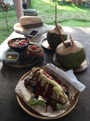 Tempeh burger and breakfast burrito at Orion Cafe in Koh Phangan