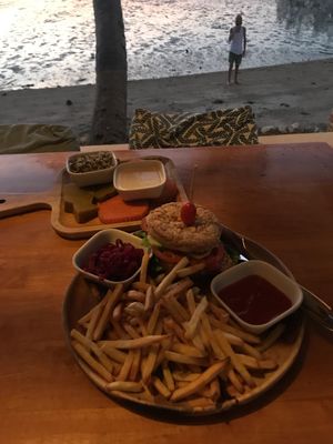Mung beans, pumpkin/sweet potato, temptation burger. at Orion Cafe in Koh Phangan