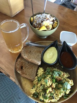 Tofu scramble, pineapple komboocha, coconut yogurt granola/fruit  at Orion Cafe in Koh Phangan
