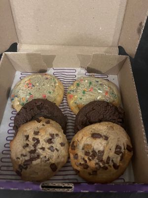Vegan cookie box with three different vegan flavors at Insomnia Cookies in Jacksonville