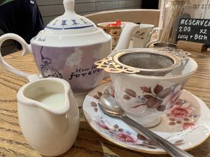 tea and oat milk  at Hatters Tea Shop in Cromer