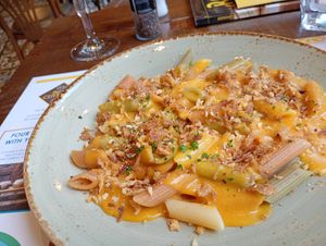 The vegan Mac N Cheese. Most of the menu isn't vegan but everything has a recommended beer... at Bier Central in Brussels