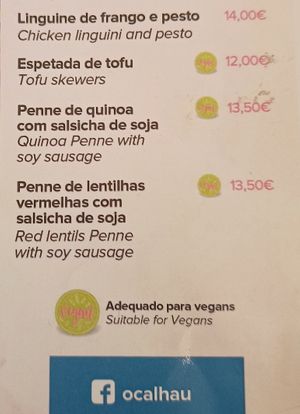 Tofu skewers, quinoa penne with soya sausage, lentil penne with soya sausage at O Calhau in Funchal