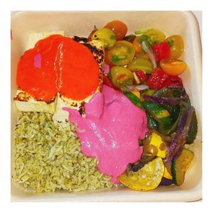 Miso Tofu w/ chili garlic sauce, Chunky watermelon pico, Summer Squash medley, Basmati Rice, Beet hummus. at Little Beet in Garden City