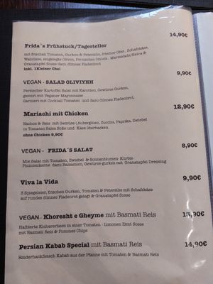 Menu with labelled vegan options at Café Frida Kahlo in Mannheim
