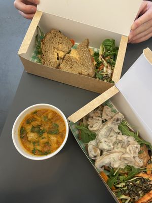 Hummus and veg sandwhich, mushroom sourdough and tomato, pesto soup to takeawayy  at The Heron Cafe in Corbridge