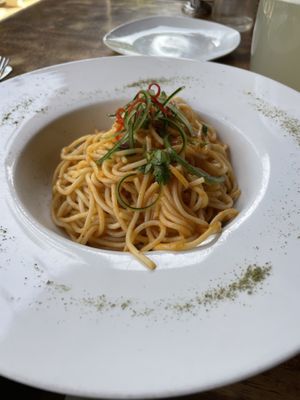 Pasta in red pepper sauce (vegan? I hope so)  at Huacafuckinchina in Ica