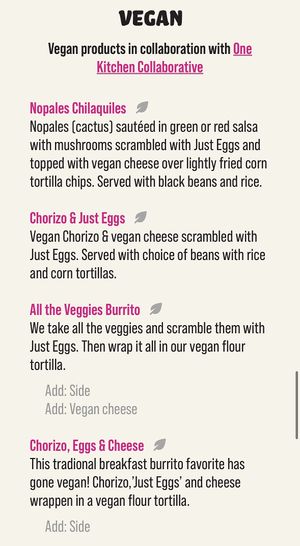 Vegan breakfast menu  at Señor Grubby's - Carlsbad in Carlsbad
