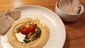 Hummus and pita bread at Zoku in Vienna