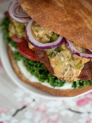 Vegan seitan burger at Kasvisravintola Karpalo in Kuusamo