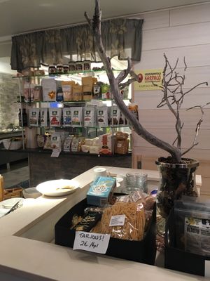 Interior, including a small shop. at Kasvisravintola Karpalo in Kuusamo