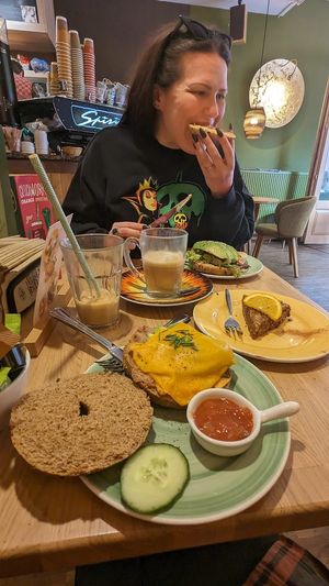 Avocado and tomato (background) Tex Mex and Pecan pie (foreground) at Bagels & Beans in Eindhoven
