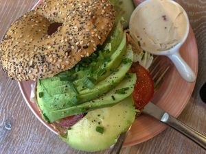 Everything bagel with avocado & tomato and a vegan cream cheese. at Bagels & Beans in Eindhoven