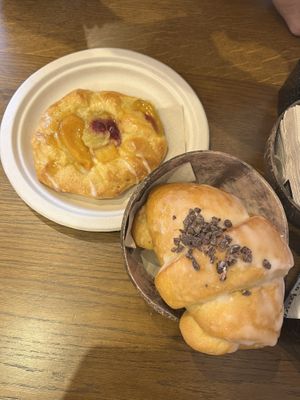 Chocolate croissant and raspberry/crem pat   at Sanybon in Ortisei