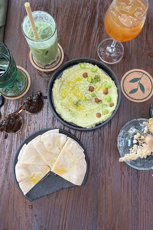 Hummus Edamame, Iced Matcha Latte with Coconutmilk and Apple Cinnamon Kombucha   at Plant Bistro in Ubud