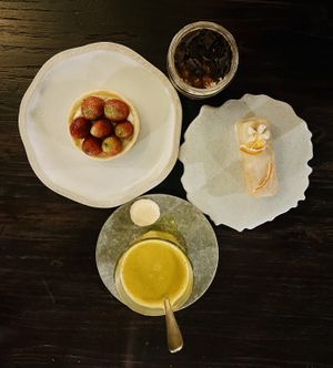 (Clockwise) Tiramisù Nutella, Lemon Orange Cake, Golden Latte, Strawberry Fresh Fruit Tart   at Plant Bistro in Ubud