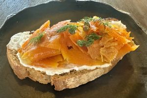 “Salmon” toast made with marinated carrotts #Veganuary at Plant Bistro in Ubud